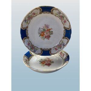 Set of 2 Gold Castle Japan GCA-2 Soup Bowls Plates Blue Rim Floral Design Scroll